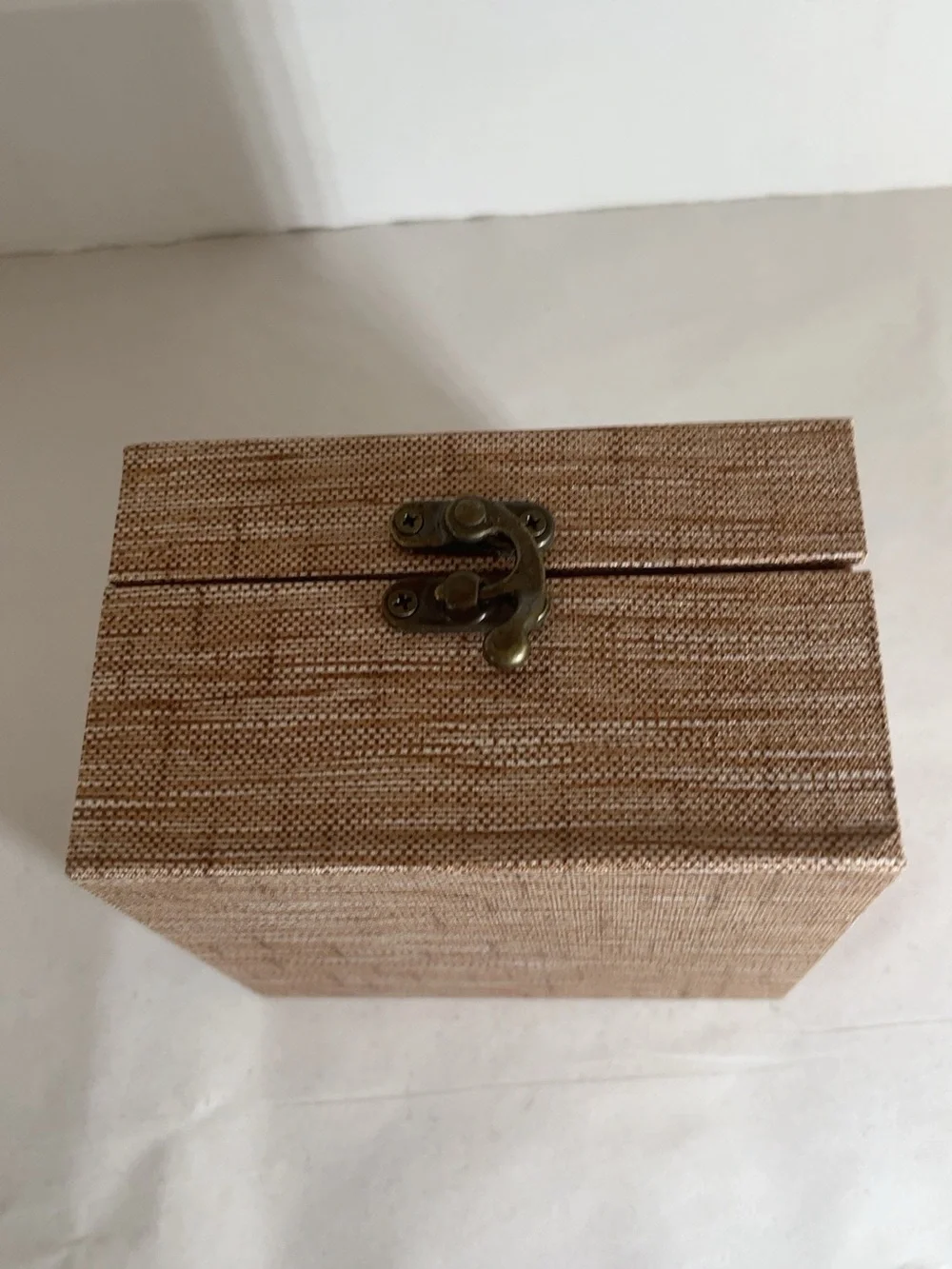 Small Fabric Covered Jewelry Trinket Box Orange Velvet Lined Brass Tone Latch 5”